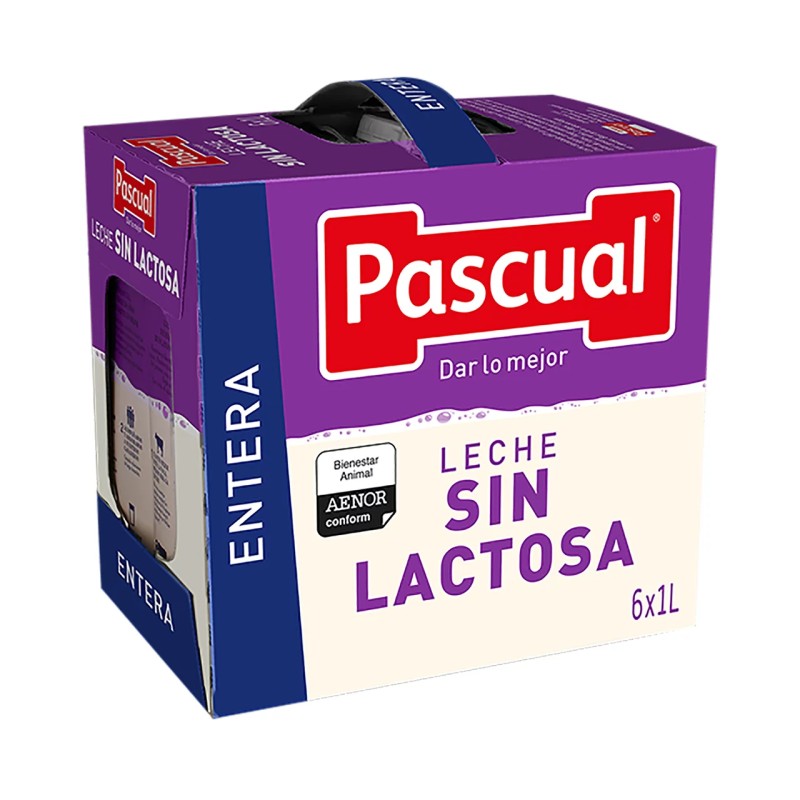 Leche entera UHT SIN LACTOSA de Pascual. Pack 6 briks de 1 Litro. ENVÍOS SÓLO A LA COMUNIDAD DE MADRID.