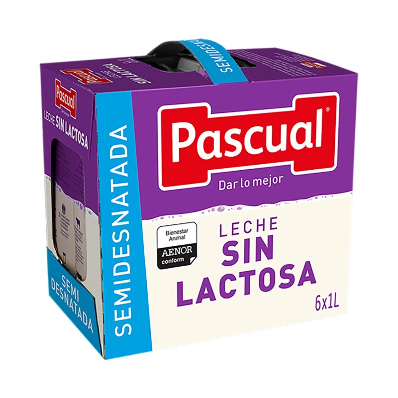 Leche semidesnatada SIN LACTOSA Pascual. Pack de 6 litros. ENVIOS SÓLO A LA COMUNIDAD DE MADRID.